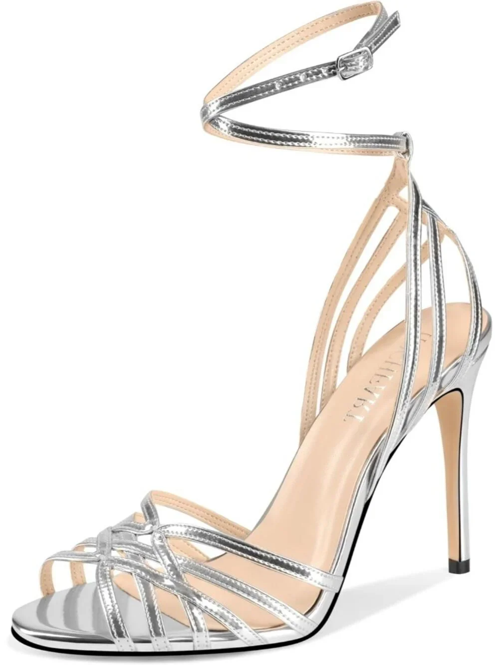 Women's Silver Strappy Lace Up Slingback Sexy Stiletto Open Square Toe Heeled